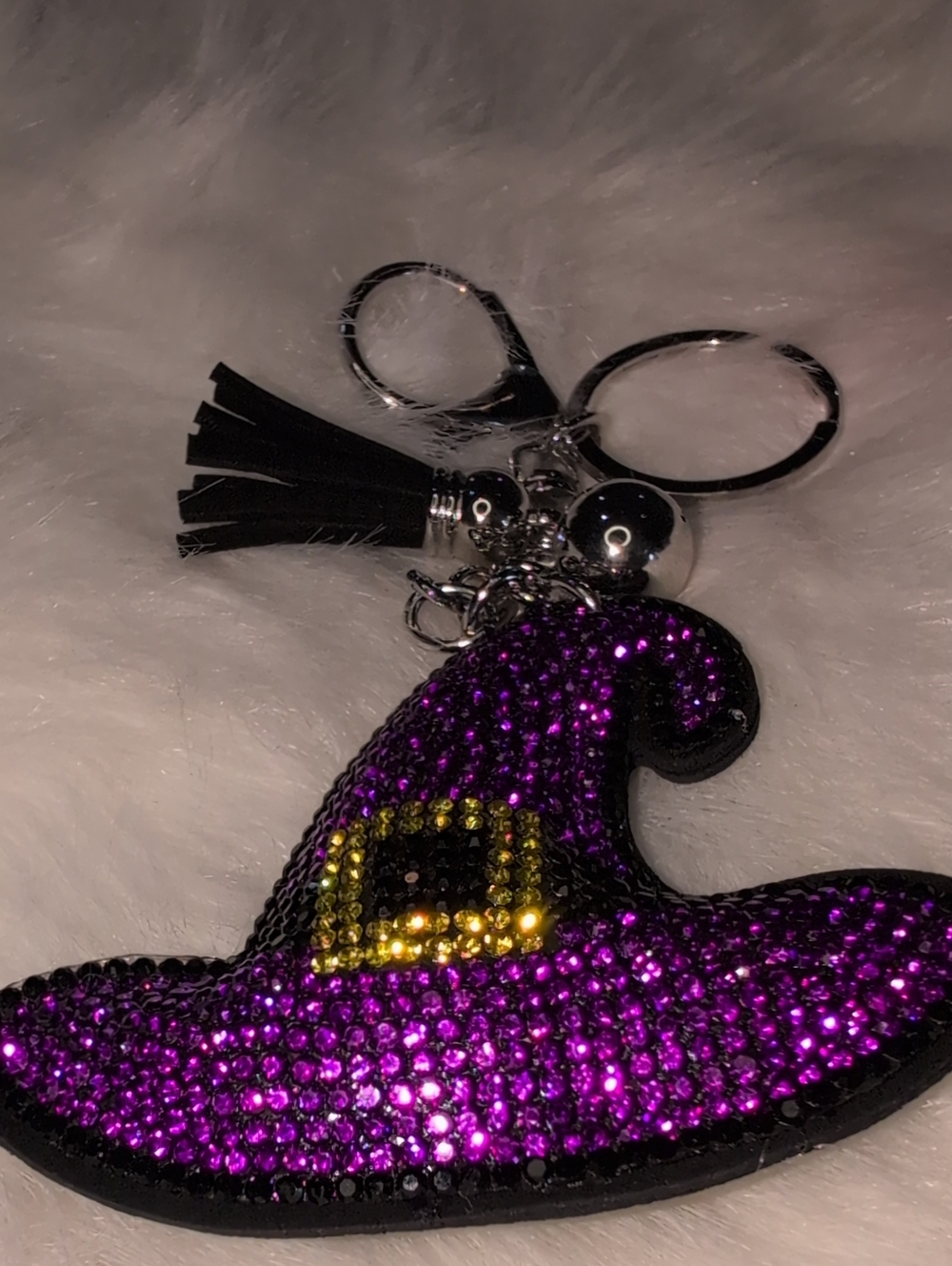 Sparkling Blingy Purple Halloween Witch Hat Keychain Bag Charm with Tassel